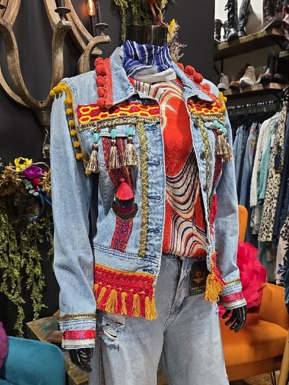 Artisan Embellished Light Wash Denim Jean Jacket -OOAK - Picture 3 of 16